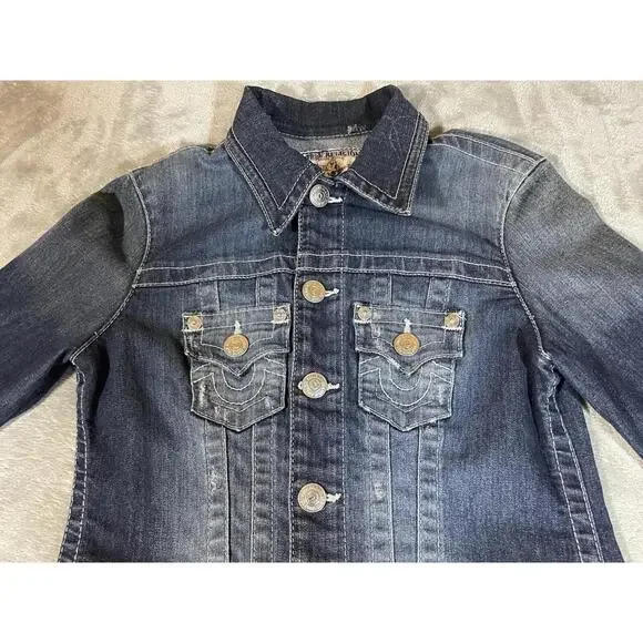 TRUE RELIGION Denim Trucker Jacket Blue Denim Jean Snap Button Sz XS Woman Logo - Picture 3 of 16